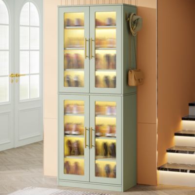 Tall Shoe Cabinet with Acrylic Doors and LED Lights, 8-Tier Entryway Shoe Storage Rack with Adjustable Shelves and Hanging Hooks