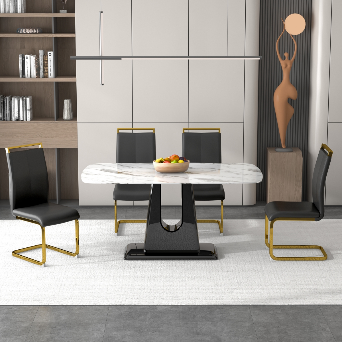 Streamdale Furniture A modern, minimalist, and luxurious dining table with aimitation marble tabletop and Mdf legs with U-shaped brackets. Tabl