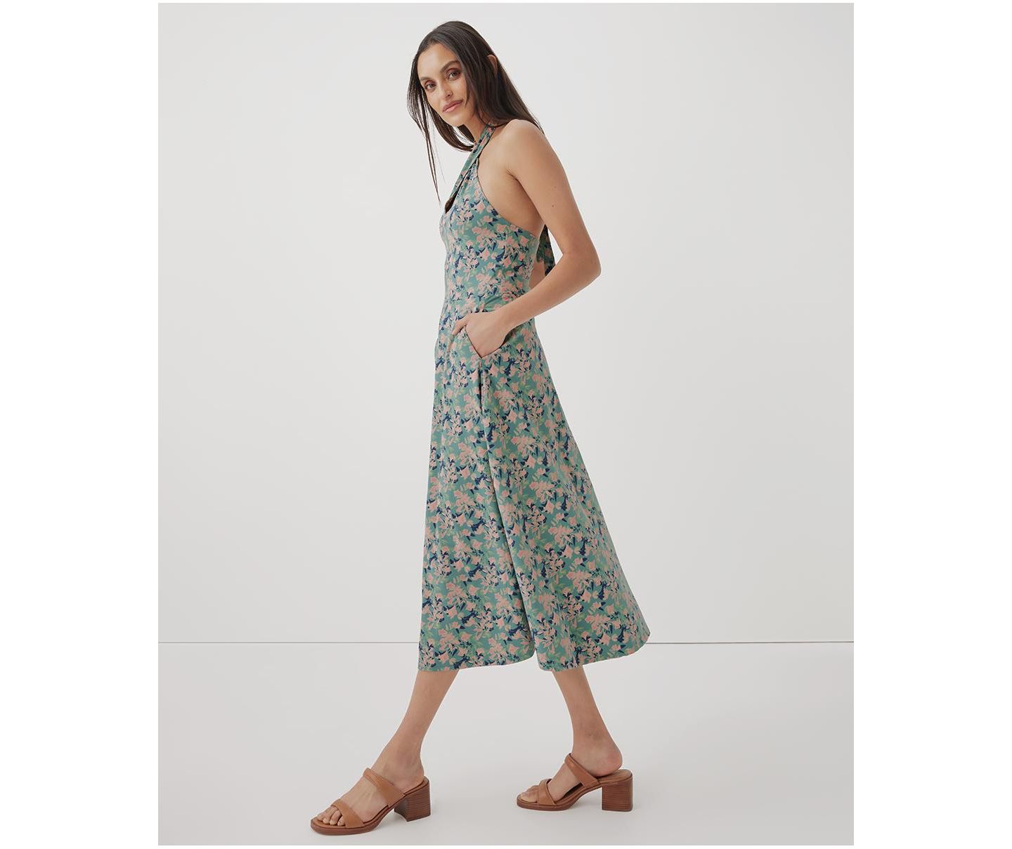 Женское платье Pact Organic Cotton Fit & Flare Modern Halter, цвет: Теневой с принтом еловый — фото 3