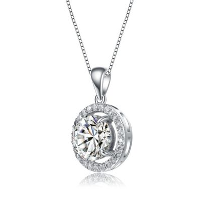 White Gold Plated with Cubic Zirconia Big Round Solitaire Halo Pendant Necklace