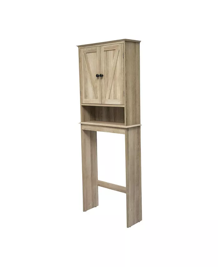 A wooden over the toilet organizer