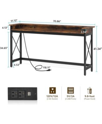 Console Table, 70.9-Inch Engineered Wood and Metal, Extra Long Design with Outlets, USB Ports, and Charging Station, Sofa Table