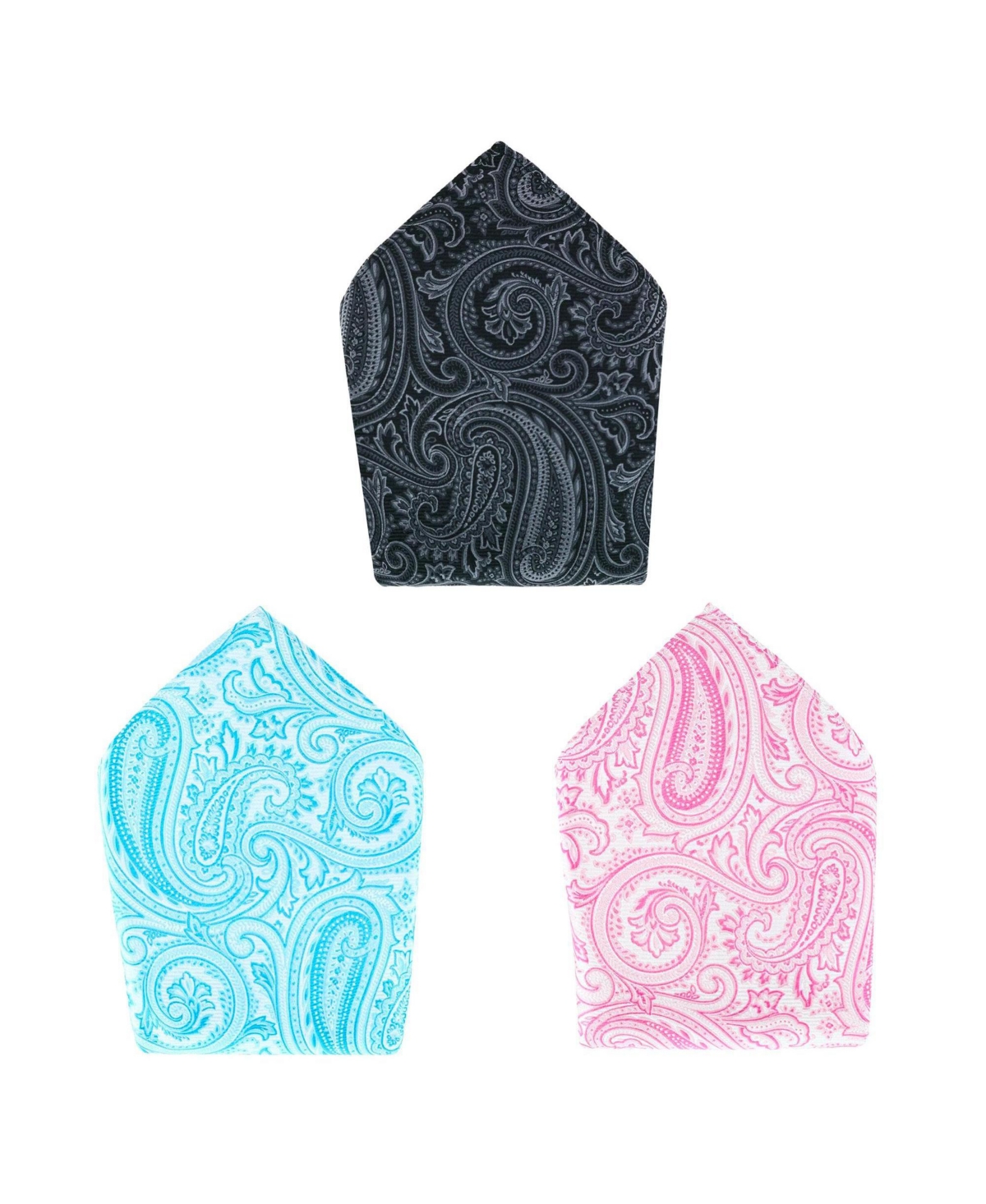 Men's Sobee Collection 12-inch Silk Pocket Square Trio 3 Pack - Black, light blue, pink paisley