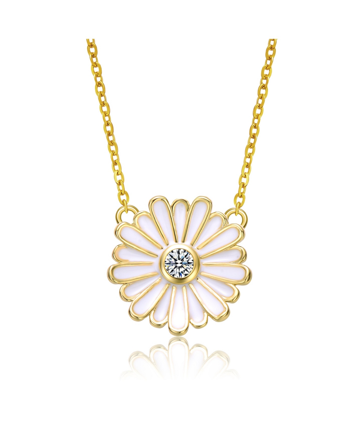 Young Adults/Teens 14k Yellow Gold Plated with Cluster Cubic Zirconia White Enamel Mini Daisy Pendant Layering Necklace - Gold