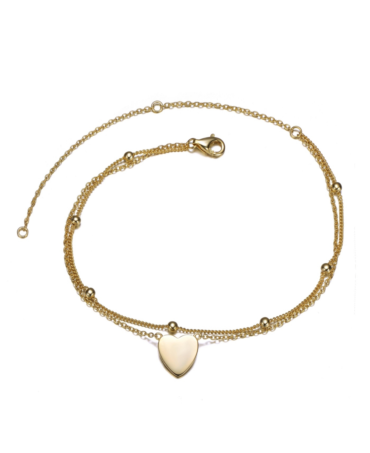 14k Gold Plated Hammered Heart Charm Bead Link Double-Layer Chain Anklet, Adjustable Length - Gold