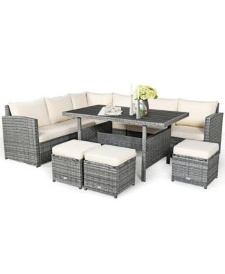 7 Pieces Outdoor Wicker Sectional Sofa Set with Dining Table