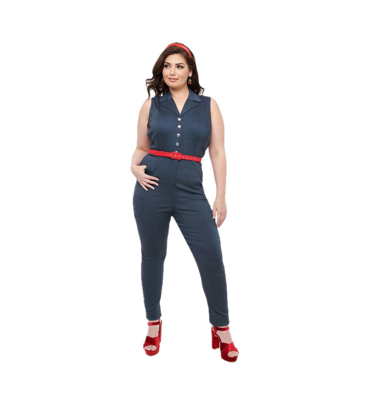 Plus Size Short Sleeve Belted Skinny Jumpsuit - Blue with red belt