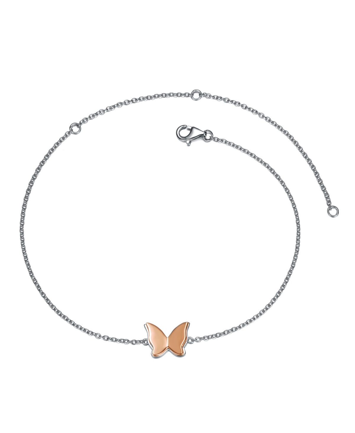 Sterling Silver 18k Rose Gold Plated Butterfly Charm Anklet, Adjustable Length - Silver