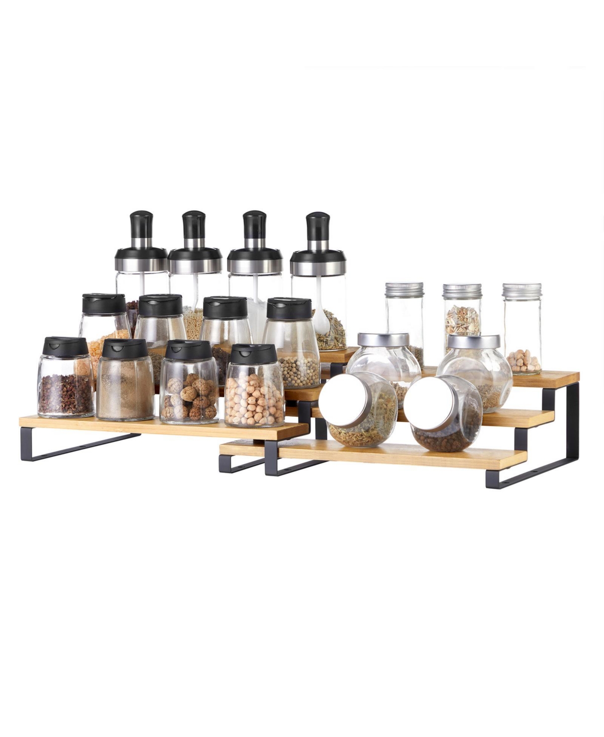 Slickblue Spice Rack, Set of 2 Cabinet Shelf Organizers, 3-Tier Extendable Spice Holder, Wicker, Stackable