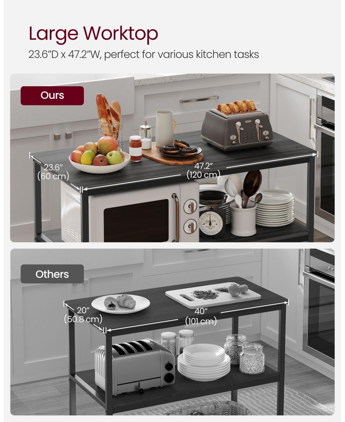 Slickblue Kitchen Island With 3 Shelves, Kitchen Shelf with Large Worktop