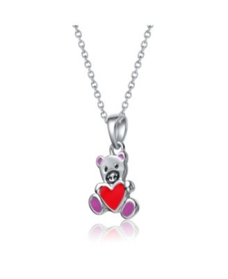 Kids White Gold Plated Enameled Heart Teddy Bear Pendant Charm