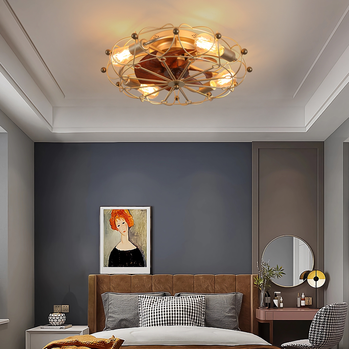 Streamdale Furniture Low Profile Caged Ceiling Fan With Lights Remote Control, Embedded Modern Industrial Ceiling Fan