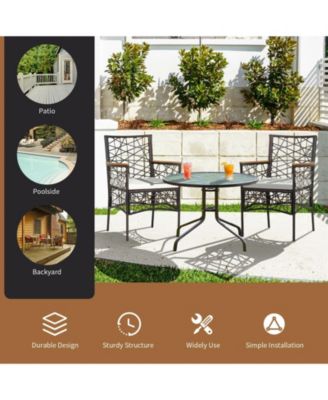 2 Pieces PE Wicker Patio Bistro Dining Chairs with Acacia Wood Armrests and Cushions