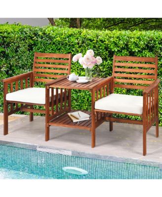 Acacia Wood Loveseat Patio Outdoor Conversation Set w/ Table White Cushion