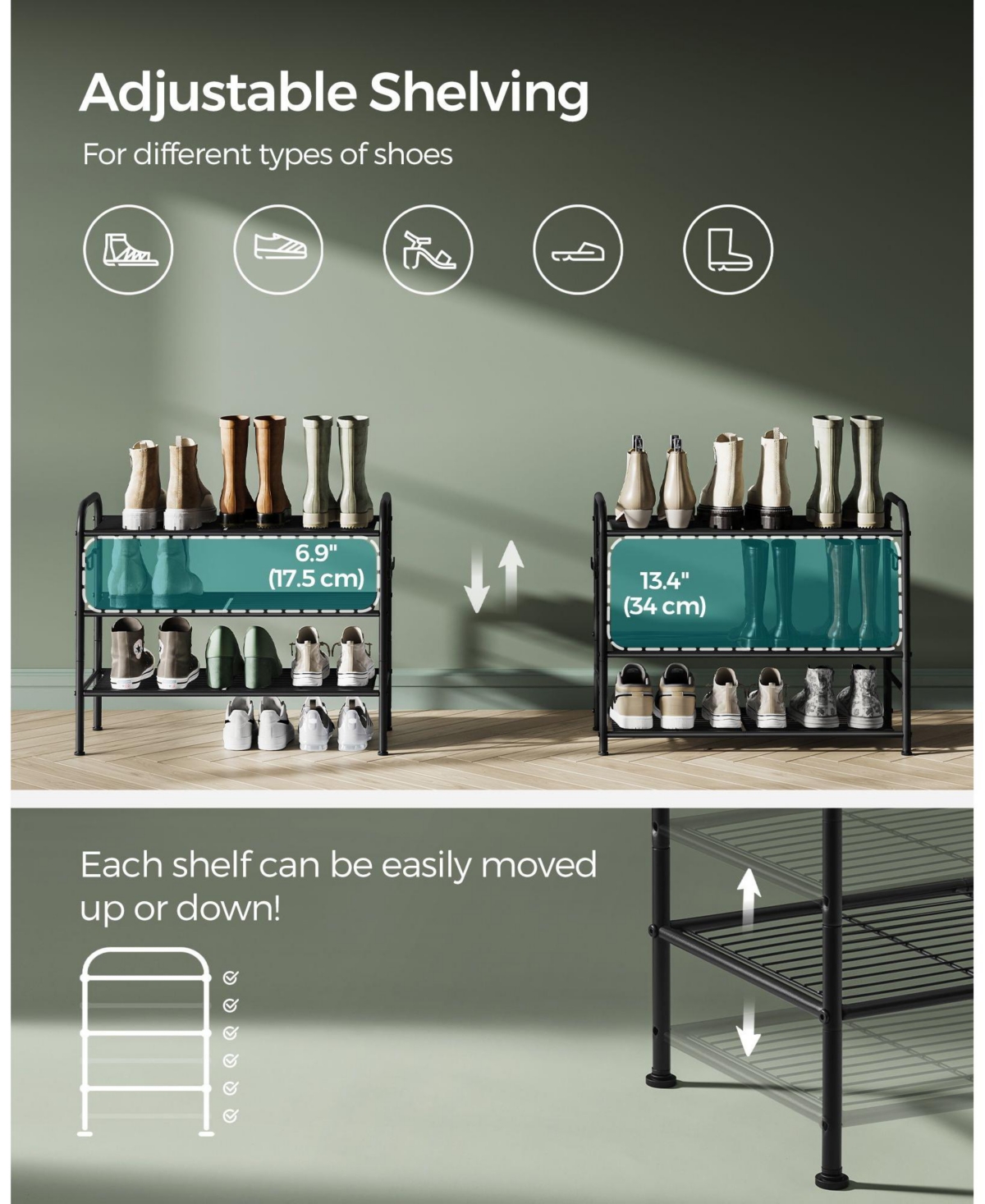 Slickblue Shoe Rack, Shoe Organizer, Metal Shoe Shelf Storage with Side Hooks, Height-Adjustable Shoe Rack