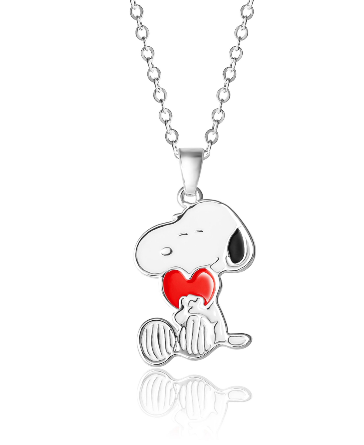 Snoopy Silver Plated Holding Heart Pendant, 16+2" Chain - Silver tone, white, red