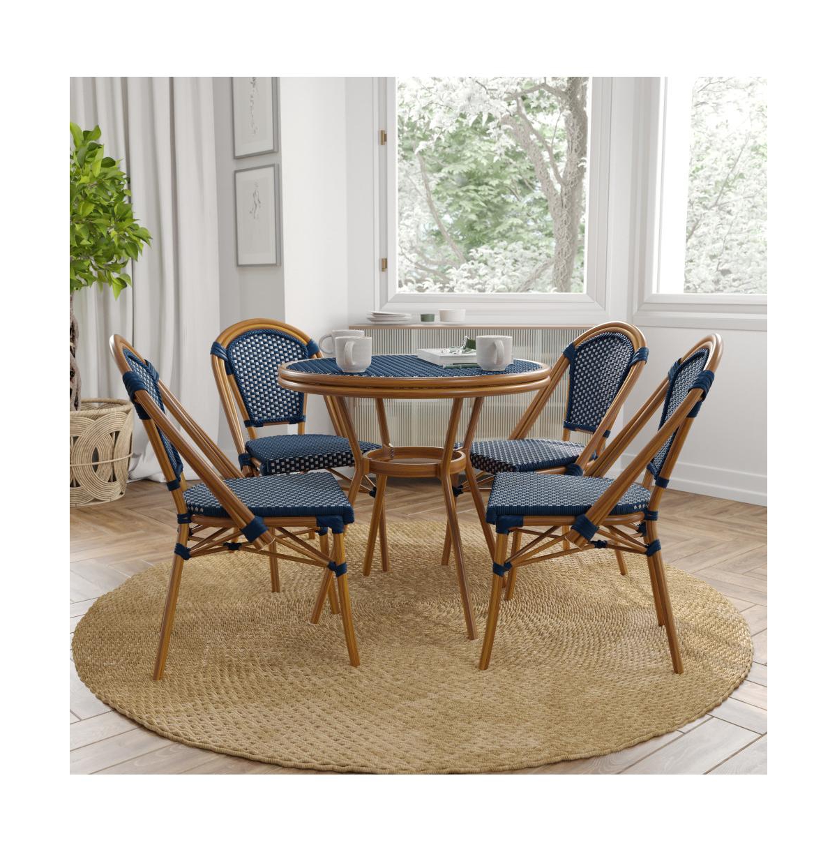 Merrick Lane Sacha Bistro Style Table With Glass Top, Pe Rattan, Stack Chairs