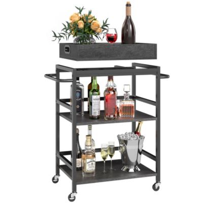 3-Tier Rolling Bar Cart with Removable Serving Tray, Metal Frame, and Lockable Wheels for Kitchen, Dining, or Living Room