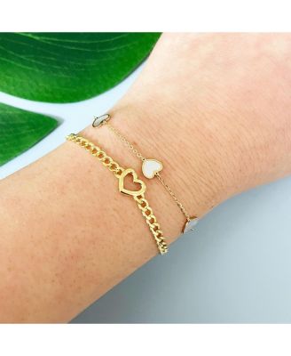 Mother of Pearl Heart Station Bracelet 14K Gold