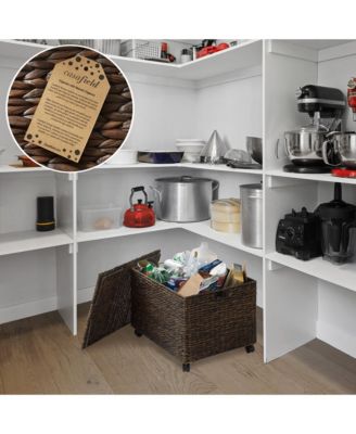 Rolling Storage Basket Cart with Lid and Wheels, Natural - Woven Water Hyacinth Divided Sorting Bin for Kitchen, Pantry, Laundry, Garage