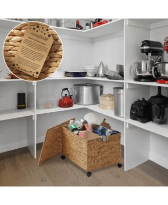 Rolling Storage Basket Cart with Lid and Wheels, Natural - Woven Water Hyacinth Divided Sorting Bin for Kitchen, Pantry, Laundry, Garage