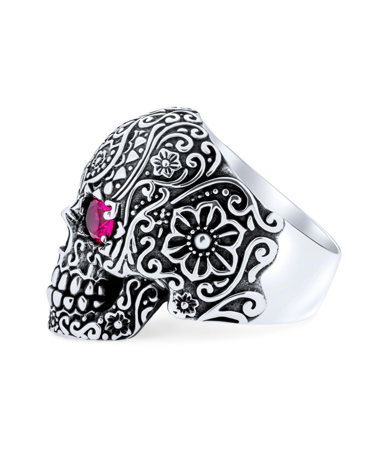 Bling Jewelry Large Men's Biker Halloween Devil Demon Gothic Caribbean Pirate Red Cz Eyes Skull Head Signet Ring Oxidized Sterling Silver