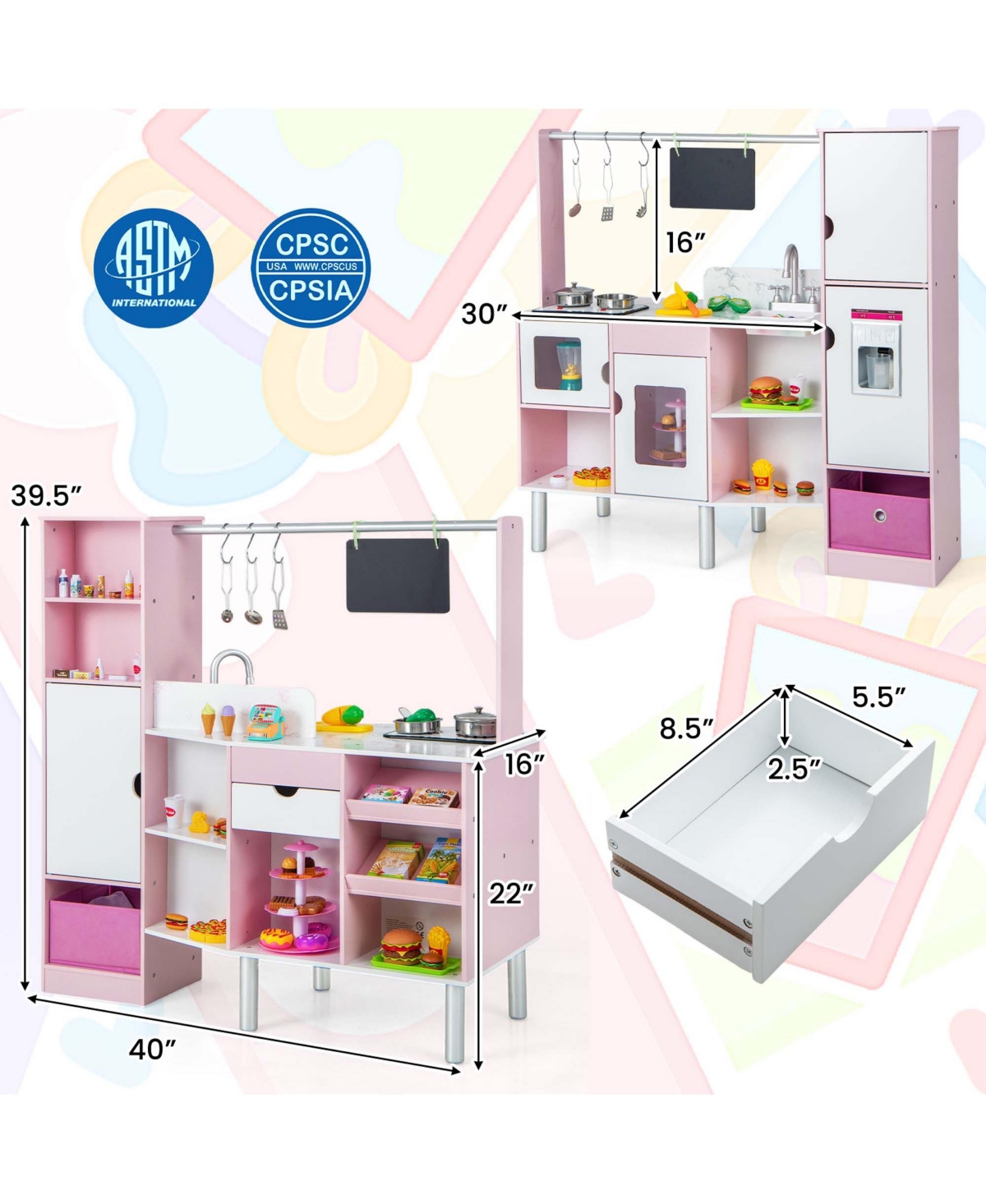 Costway 2-in-1 Kids Kitchen & Market with Realistic Light & Sound 82 Accessories Included