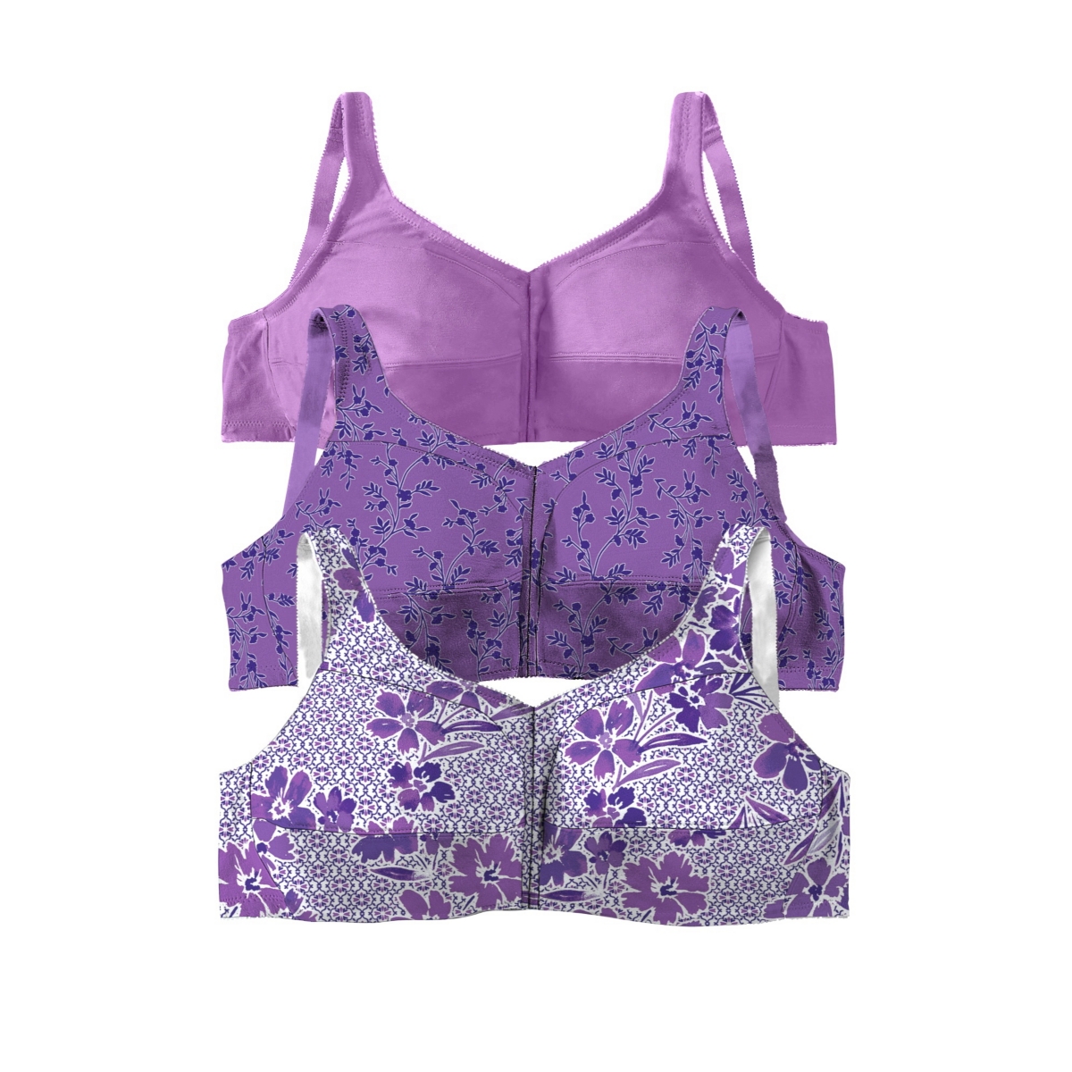 Comfort Choice Women's 3-Pack Front-Close Cotton Wireless Bra