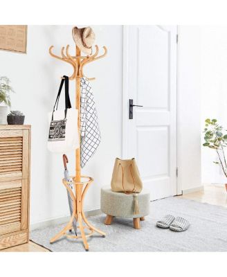 Wood Standing Hat Coat Rack with Umbrella Stand