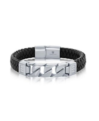 Stainless Steel Genuine Leather Curb Link CZ Bracelet