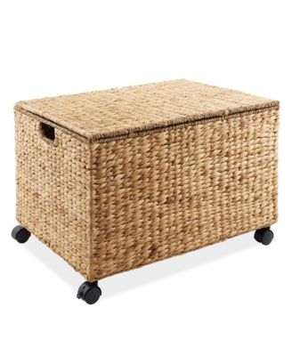 Rolling Storage Basket Cart with Lid and Wheels, Natural - Woven Water Hyacinth Divided Sorting Bin for Kitchen, Pantry, Laundry, Garage