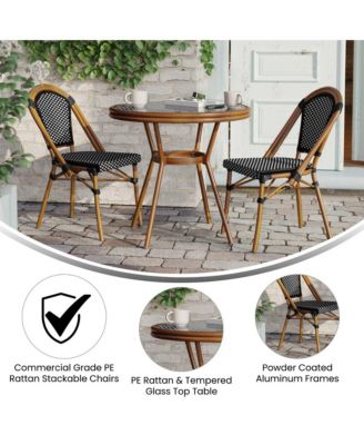 Sacha Bistro Style Table With Glass Top, Pe Rattan, 2 Stack Chairs, And Bamboo Finished Metal Frame For Indoor/Outdoor Use