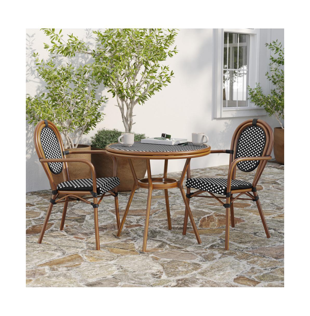 Merrick Lane Celia Bistro Style Table With Glass Top, Pe Rattan, 4 Stack Chairs, And Bamboo Finished Metal Frame For Indoor/Outdoor Use - Black  white