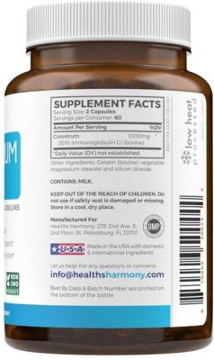 Colostrum 1,000mg (Non-GMO) 30% IgG Immunoglobulins, Immune System, Gut & Respiratory Health Capsules, Bovine Colostrum, Health's Harmony, 120ct