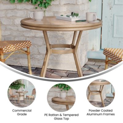 Colmar Indoor/Outdoor Bistro Style 31.5 In. Table With Pe Rattan, Glass Top, And Bamboo Finished Metal Frame