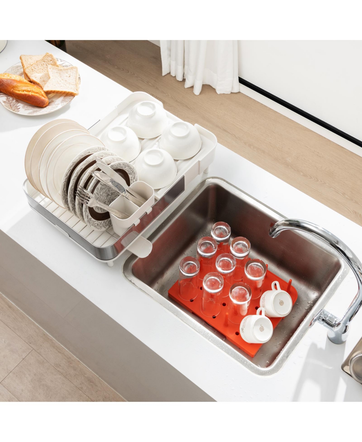 Sugift Expandable Dish Drying Rack Adjustable Dual-Part Dish Drainer with Detachable Utensil Holder