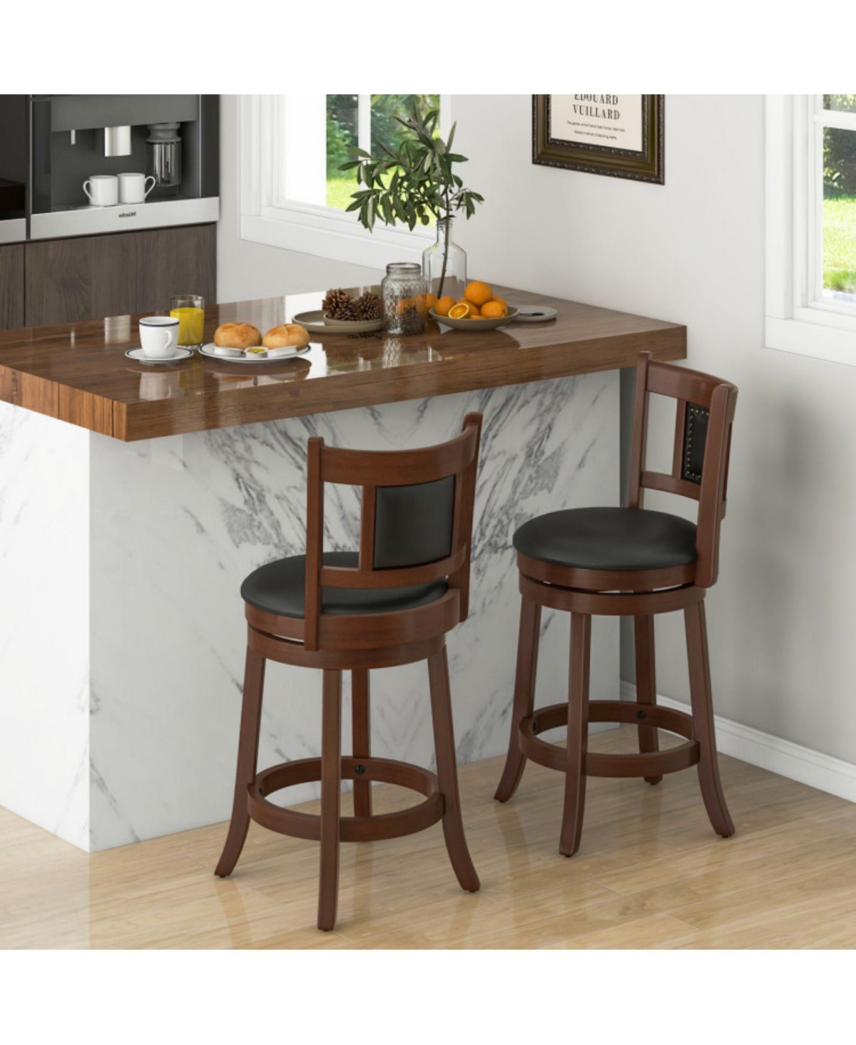 Sugift Upholstered Bar Stools Set of 2 with Curved Backrest and Footrest