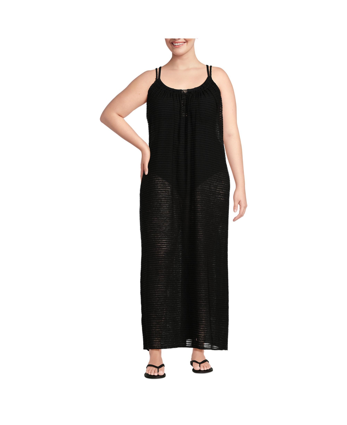 Plus Size Rayon Poly Rib Scoop Neck Swim Cover-up Maxi Dress - Black