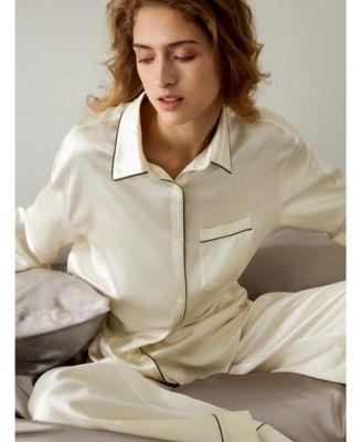 Women's Contrast Piping Button-Up Full Length Pajama Set