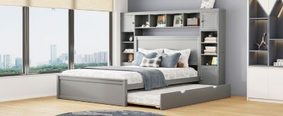 Wooden Queen Bed with Cabinetry and Outlets