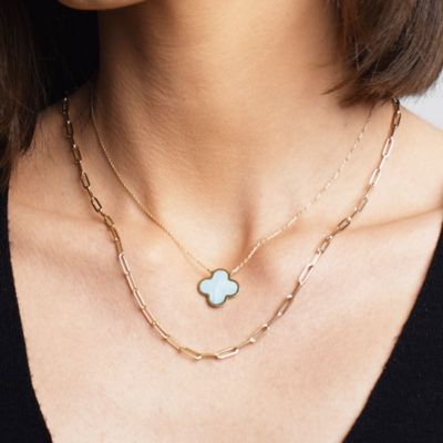 Extra Large Mother of Pearl Single Clover Necklace 14K Gold