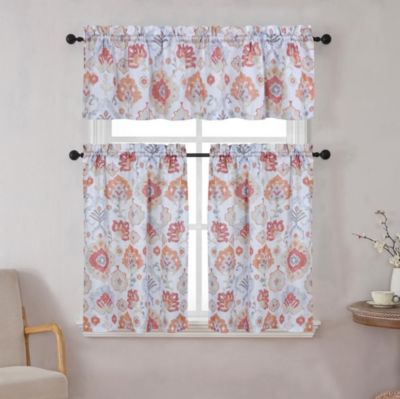 Mystic Seaport Watercolor Rod Pocket Complete 3 Piece Cafe Kitchen Curtain Tier and Valance Set - Blue