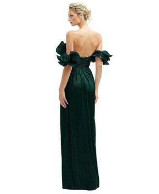 Plus Size Dramatic Ruffle Edge Convertible Strap Metallic Pleated Maxi Dress