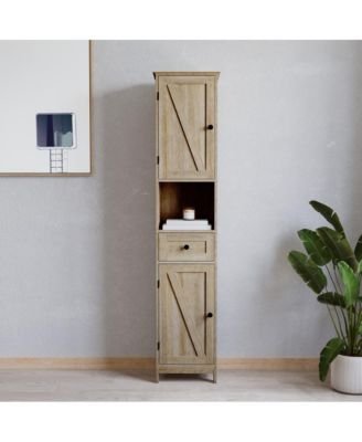 1Pc Slim Linen Tower with Drawer, Magnetic Doors & Open Shelf Organizer