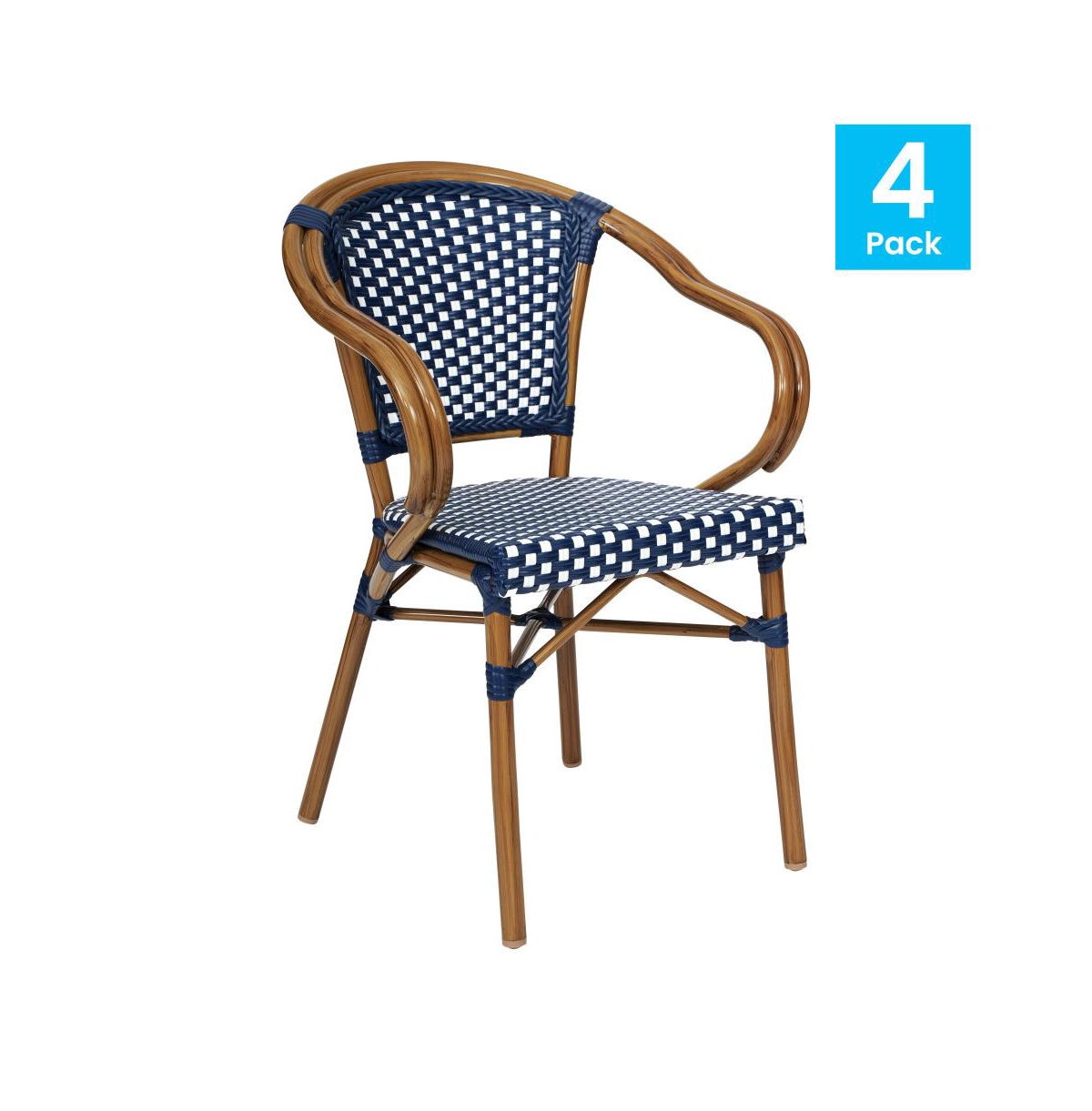 Merrick Lane Sacha Set Of Four Stacking Thonet Bistro Style Chair With Arms, Pe Rattan Seat, And Bamboo Metal Frame For Indoor/Outdoor Use - Navy  whi