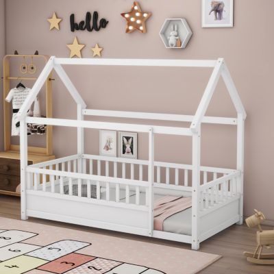 Twin Size Floor Wooden Bed with House Roof Frame, Fence Guardrails
