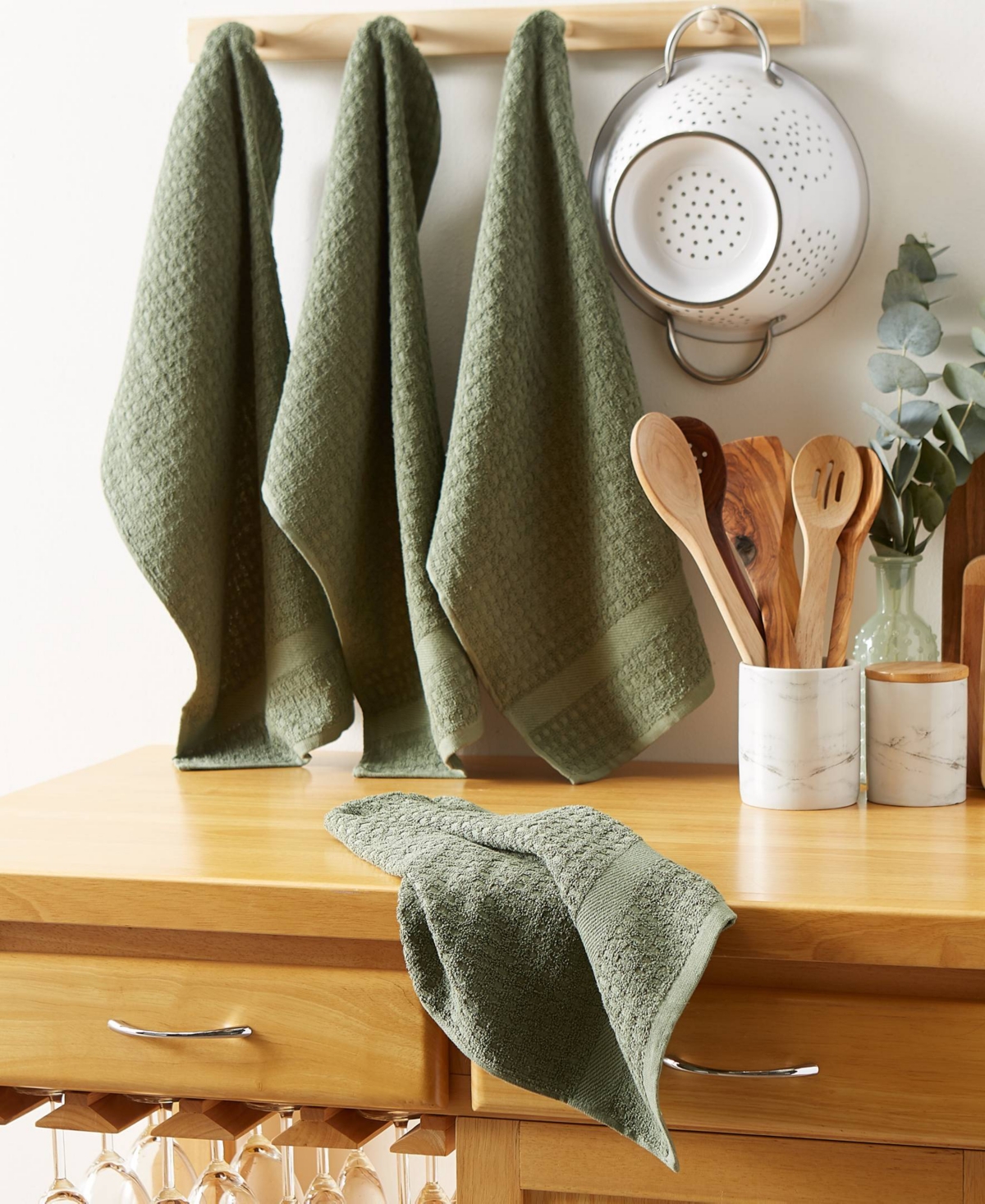 Design Imports Basic Terry Collection Waffle Dishtowel Set, 15x26", Solid Artichoke, 4 Piece In Artichoke