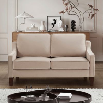 Velvet Loveseat Sofa with Wooden Legs, Taupe