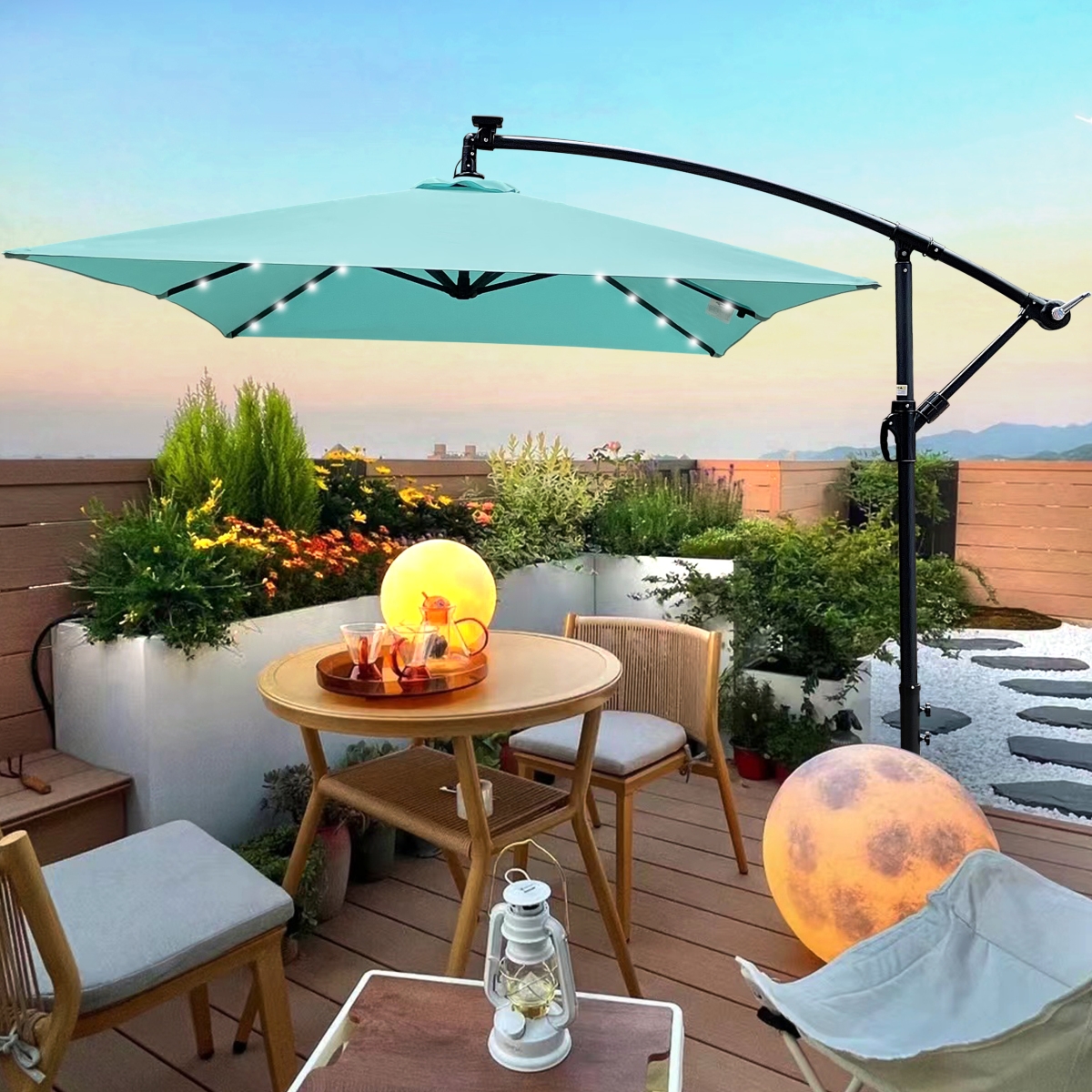 Solar Powered Led Patio Umbrella, 8 Ribs, Crank and Cross Base