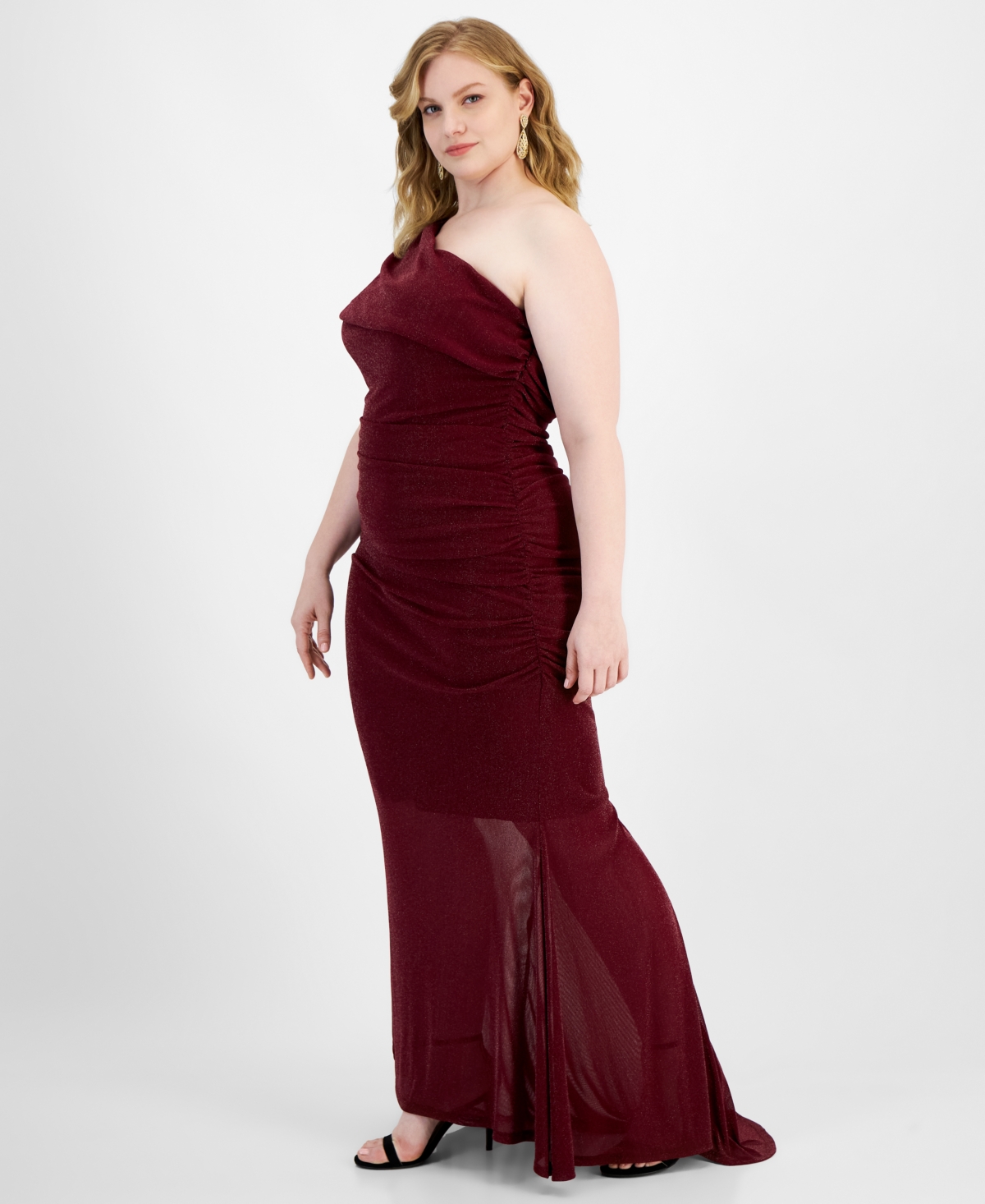 B Darlin Trendy Plus Size One-Shoulder Glitter Gown -silvr